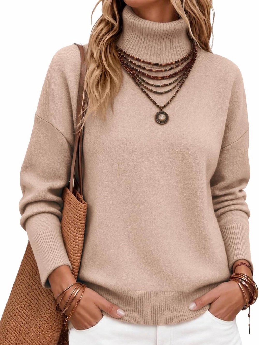 zeagoo Neutral Beige Cowl Turtleneck Sweater